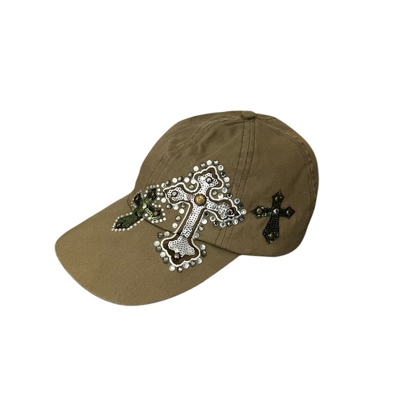 Something Special LA Embellished Sequins Rhinestones Studded Cross Khaki Cap Hat - Picture 3 of 10